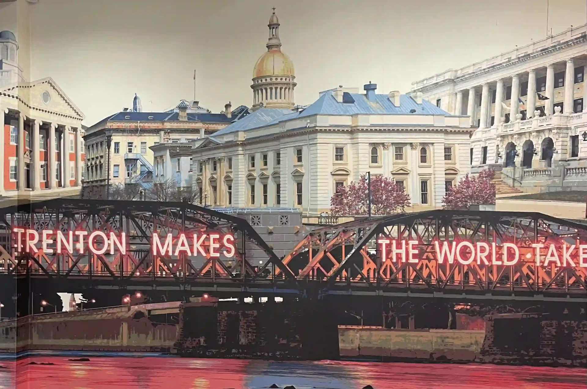 A painting of the bridge with a message on it.